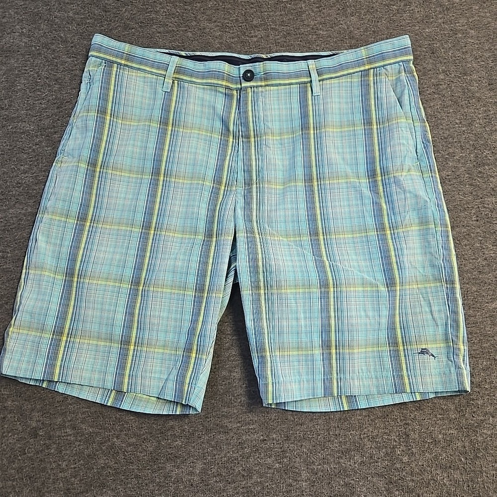 Tommy Bahama Island Zone Shorts Mens Blue Size 39 Zip Pocket Check Plaid Beach